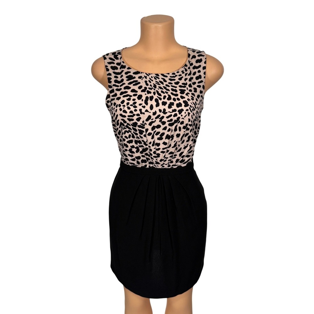 Loft Womens Cheetah Print Sleeveless Sheath Dress Black Tan Pleated Skirt Size 4